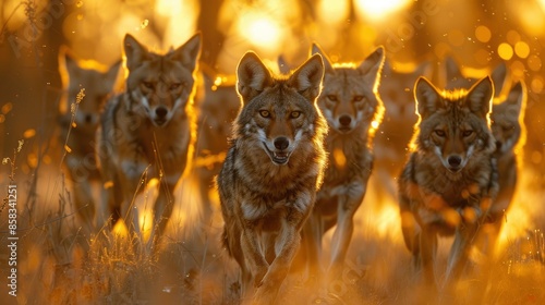 A pack of jackals hunting in the savannah with ample room for copy space photo