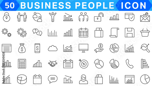 Business people line icons set. Businessman outline icons collection. Teamwork, human resources, meeting, partnership, meeting, work group, success, resume - stock vector.