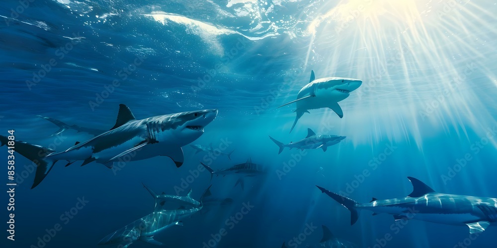 Obraz premium Businessmen swimming with great white sharks symbolizing risk in the business world. Concept Risk-taking, Business challenges, Shark encounter, Thrilling adventure, Financial decisions