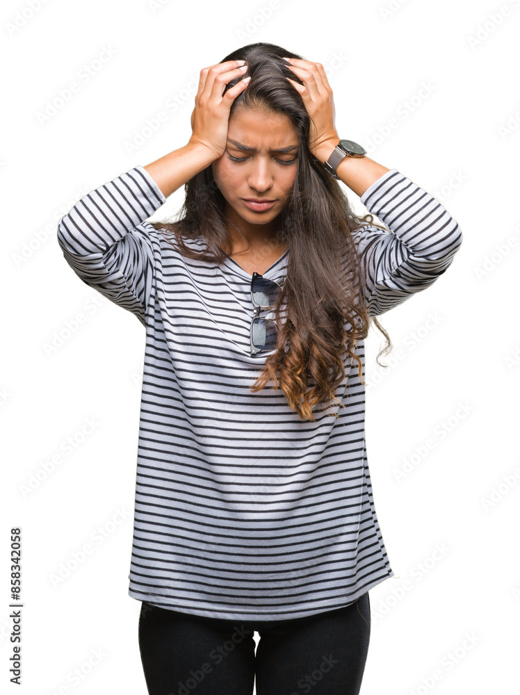 Young beautiful arab woman wearing sunglasses over isolated background suffering from headache desperate and stressed because pain and migraine. Hands on head. Young beautiful arab woman wearing sunglasses over isolated background suffering from headache desperate and stressed because pain and migraine. Hands on head.