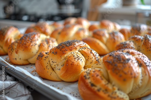 Buns with poppy seeds on baking sheet. Top view of round braided buns. Kitchen. photo