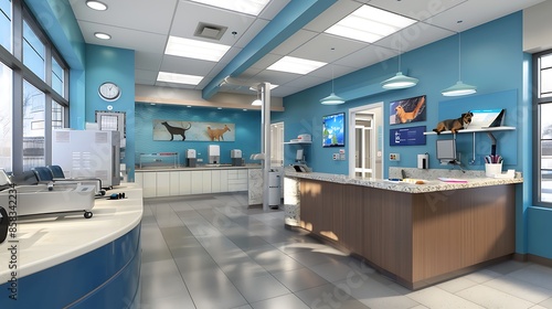 contemporary veterinary clinic with state-of-the-art facilities, pet-friendly design elements, and a soothing environment for animal care