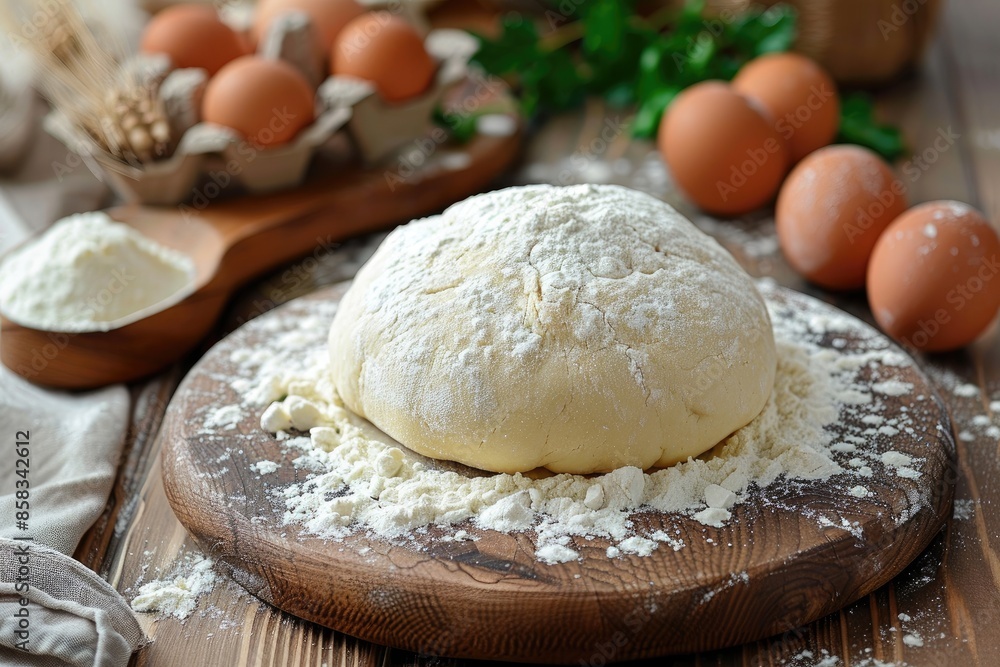 Dough on a wooden table sprinkled with flour. Raw dough on wooden background. chicken eggs Preparation for baking bread Dough on a wooden table sprinkled with flour. Raw dough on wooden background. chicken eggs Preparation for baking bread