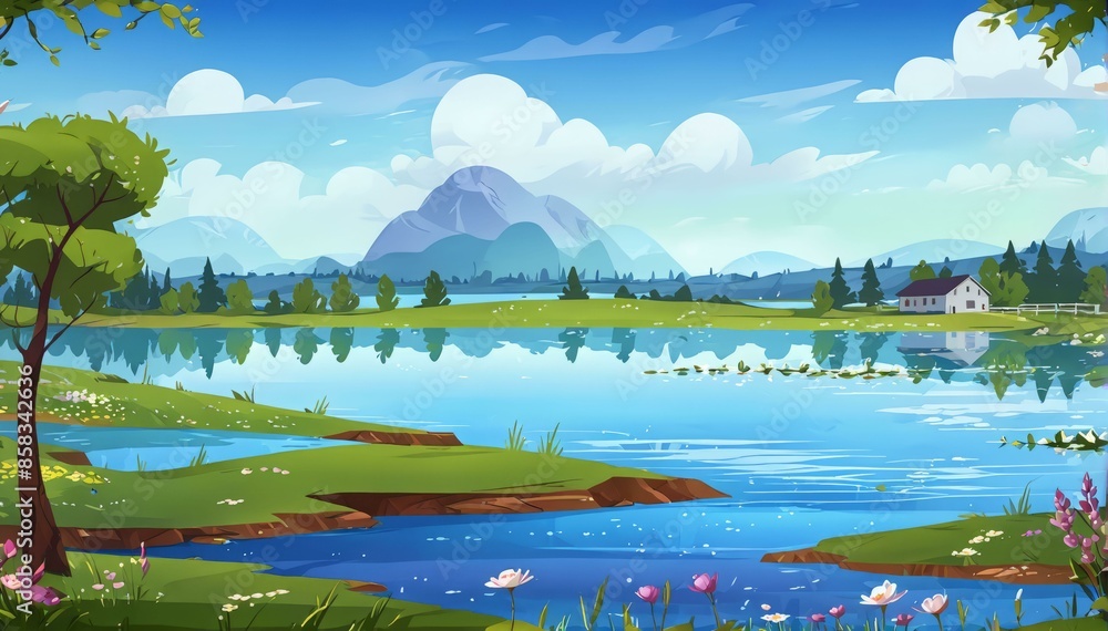 Springtime Lake Meadow with Farmhouse Vector Art Background Illustration Springtime Lake Meadow with Farmhouse Vector Art Background Illustration