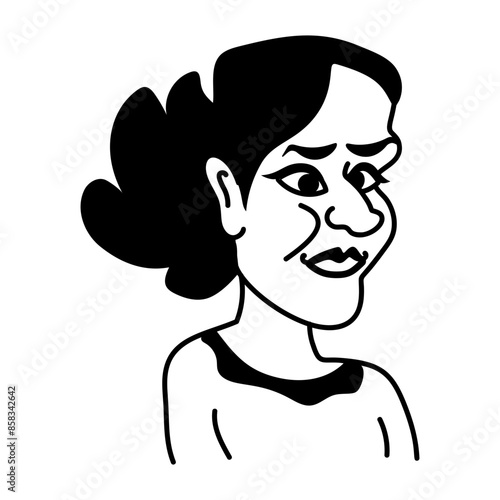 Unattractive woman with a big hair bun, doodle style character 