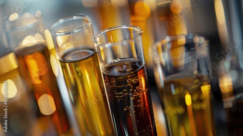 A close-up of glass container with crude oil samples 
