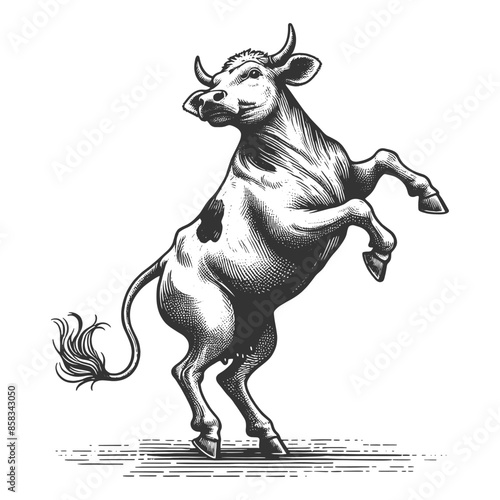 Dancing Cow showcasing a cheerful and whimsical character sketch engraving generative ai fictional character vector illustration. Scratch board imitation. Black and white image.