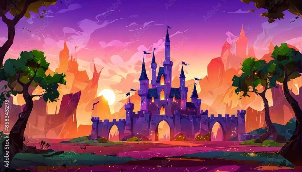 Naklejka premium Sunset at Magical Castle Near Forest Vector Art Background Illustration