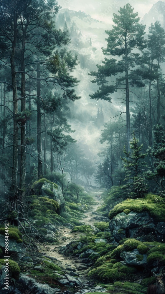 Obraz premium Painting of a forest with moss growing on the rocks, Nature background
