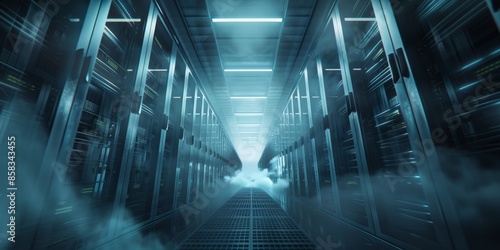 Cloud Services   Cloud computing infrastructure with servers  dynamic elements  cool blue and grey color 