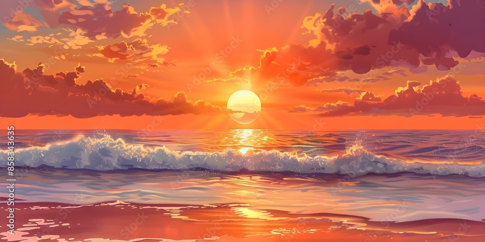 Illustration of a Cartoon Beach Sunset with the Sun Setting at the End of the Day. Concept Cartoon, Beach, Sunset, Sun Setting, End of the Day Illustration of a Cartoon Beach Sunset with the Sun Setting at the End of the Day. Concept Cartoon, Beach, Sunset, Sun Setting, End of the Day