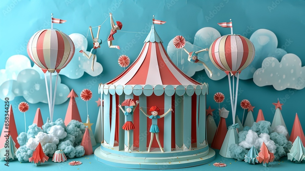 Fototapeta premium Paper craft circus acrobats performing daring feats under the big top, ideal for circus posters. Illustration, Minimalism,
