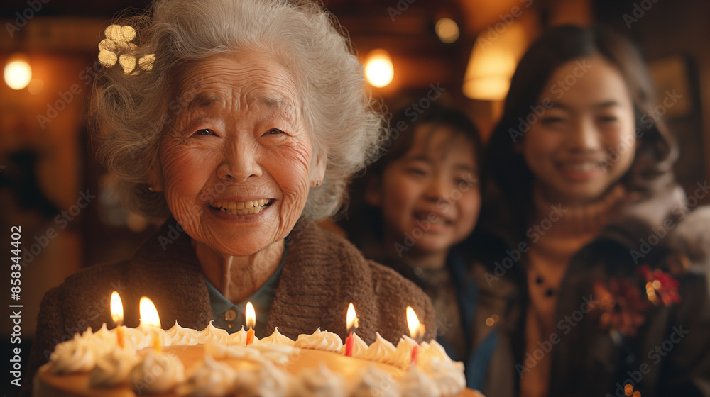 誕生日ケーキに喜ぶおばあさん 誕生日ケーキに喜ぶおばあさん