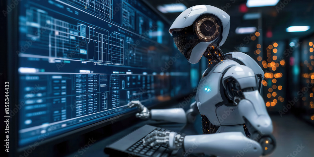 Roboter mit künstlicher Intelligenz, der einen Monitorbildschirm steuert Roboter mit künstlicher Intelligenz, der einen Monitorbildschirm steuert