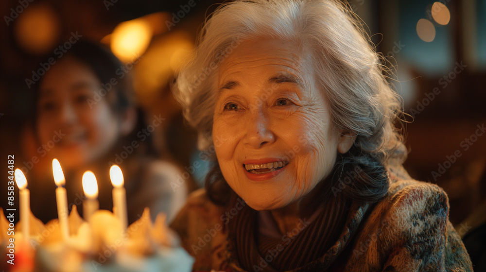 誕生日ケーキに喜ぶおばあさん 誕生日ケーキに喜ぶおばあさん