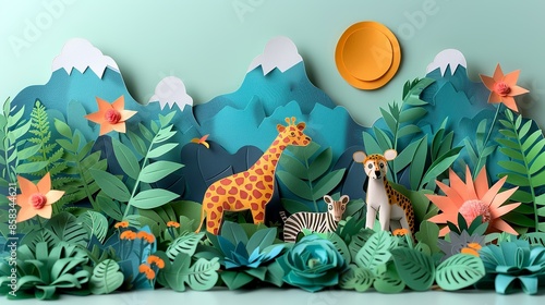 Fototapeta Naklejka Na Ścianę i Meble -  Paper craft jungle expedition with explorers and wildlife, perfect for adventure-themed designs. Illustration, Minimalism,