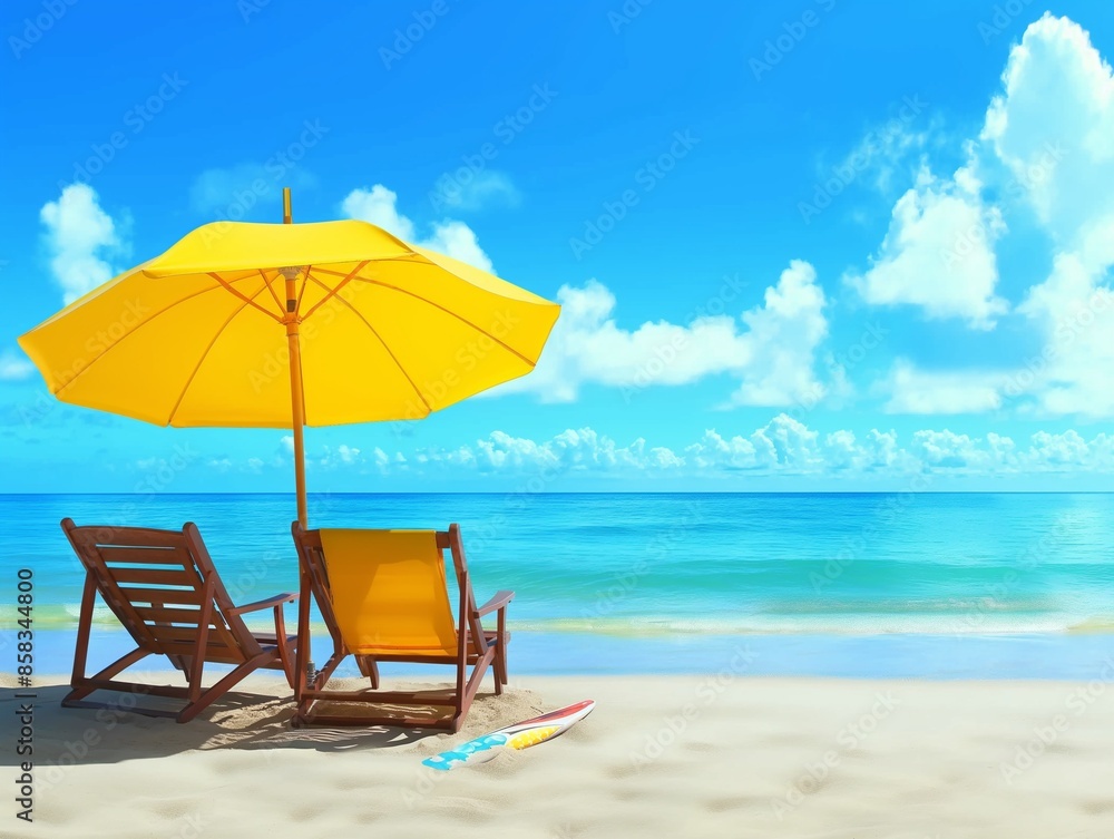 Deckchairs With Parasol In Tropical Beach With Sunny Sand And Ocean Deckchairs With Parasol In Tropical Beach With Sunny Sand And Ocean
