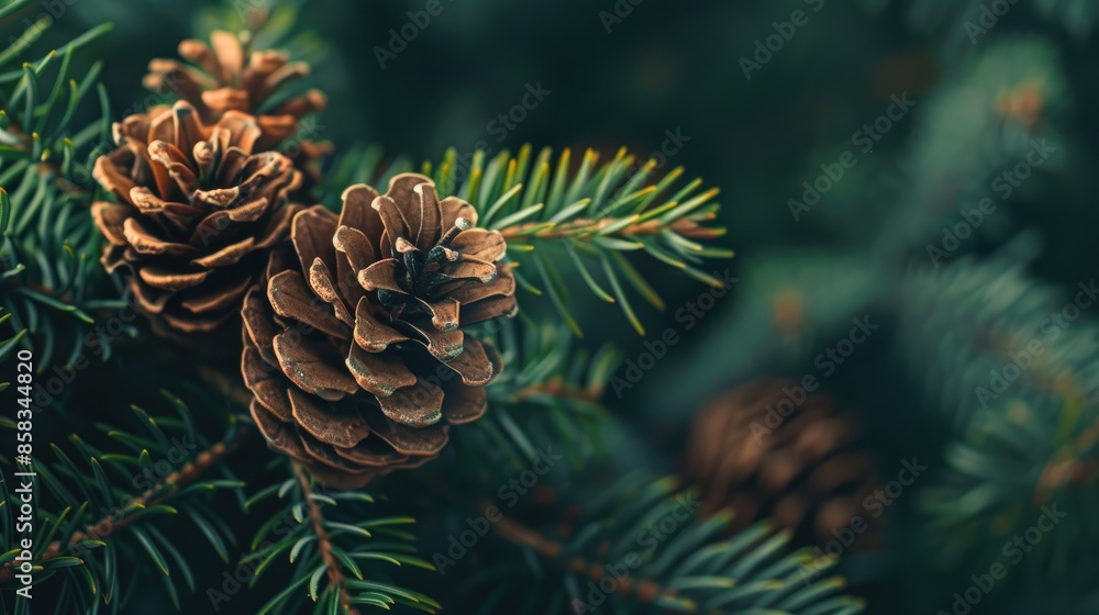 Close up of a young pine cone on a green branch with space for text Christmas tree concept Close up of a young pine cone on a green branch with space for text Christmas tree concept