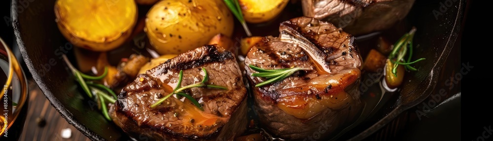 Sizzling grilled steak medallions served with roasted potatoes and garnished with fresh rosemary in a cast iron skillet.
