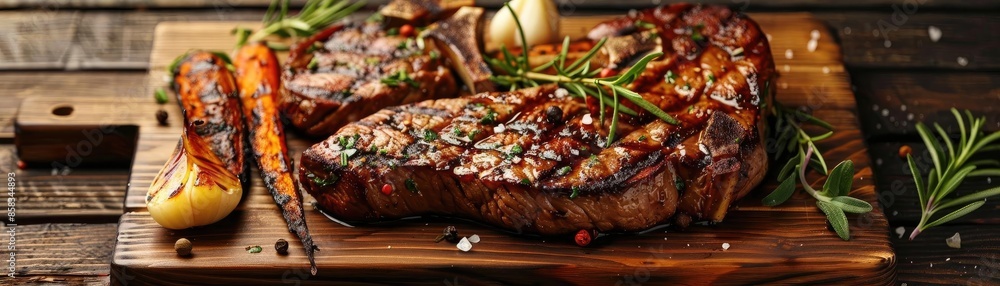 Grilled ribeye steak with roasted carrots and garlic on a wooden board, garnished with rosemary and spices. Perfect for dinner inspiration. Grilled ribeye steak with roasted carrots and garlic on a wooden board, garnished with rosemary and spices. Perfect for dinner inspiration.