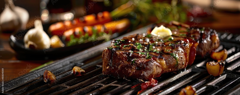 Juicy grilled steak with herbs and garlic on a black grill pan, served with vegetables. Perfect for a delicious dinner. Juicy grilled steak with herbs and garlic on a black grill pan, served with vegetables. Perfect for a delicious dinner.