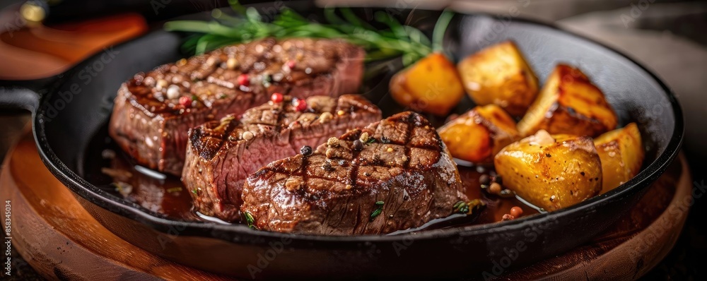 Delicious grilled beef steaks served with roasted potatoes and fresh rosemary in a cast iron skillet, perfect gourmet meal idea. Delicious grilled beef steaks served with roasted potatoes and fresh rosemary in a cast iron skillet, perfect gourmet meal idea.