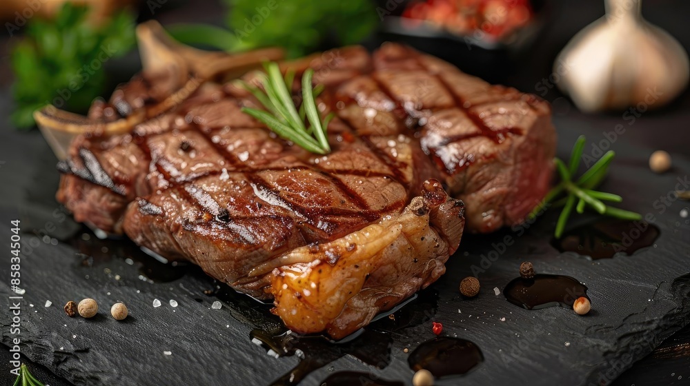 Juicy, perfectly grilled steak garnished with fresh rosemary on a dark slate plate, ready to be enjoyed in a gourmet dining setting. Juicy, perfectly grilled steak garnished with fresh rosemary on a dark slate plate, ready to be enjoyed in a gourmet dining setting.