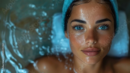 A close-up portrait of a woman with blue eyes relaxing in a bath. The water is splashing around her, and droplets of water are visible on her face © Prostock-studio
