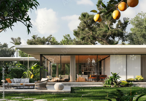 House in the garden with orange tree and lush greenery. Created with Ai 