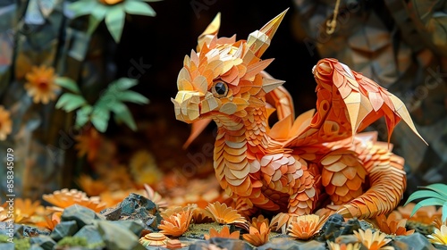 Paper craft fantasy dragon guarding a treasure hoard in a cave, ideal for epic fantasy artwork. Illustration, Minimalism,