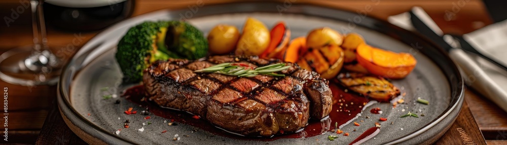 Delicious grilled steak served with a variety of colorful roasted vegetables on a gray plate, perfect for a gourmet dining experience. Delicious grilled steak served with a variety of colorful roasted vegetables on a gray plate, perfect for a gourmet dining experience.