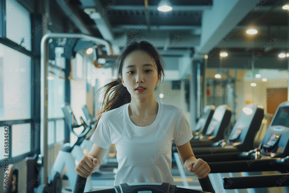 An Asian girl running on a treadmill in a gym. An Asian girl running on a treadmill in a gym.