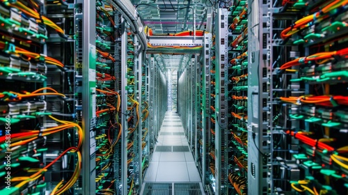 state-of-the-art data center housing servers processing vast amounts of information in the digital age, The subject delves into the infrastructure of the internet