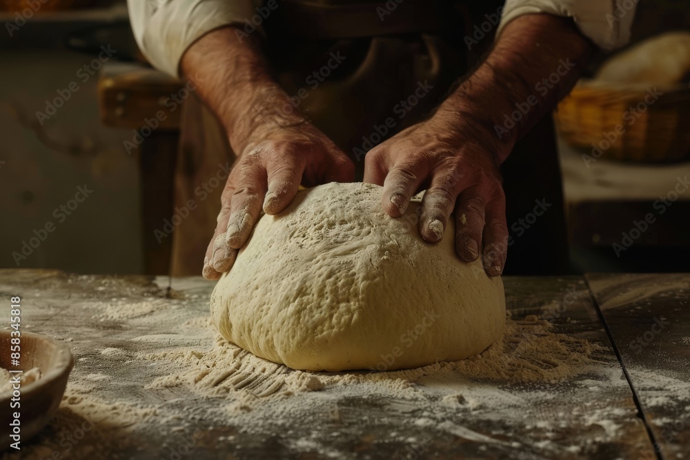 A baker molds dough into a loaf shape before sending it out for baking, close-up A baker molds dough into a loaf shape before sending it out for baking, close-up