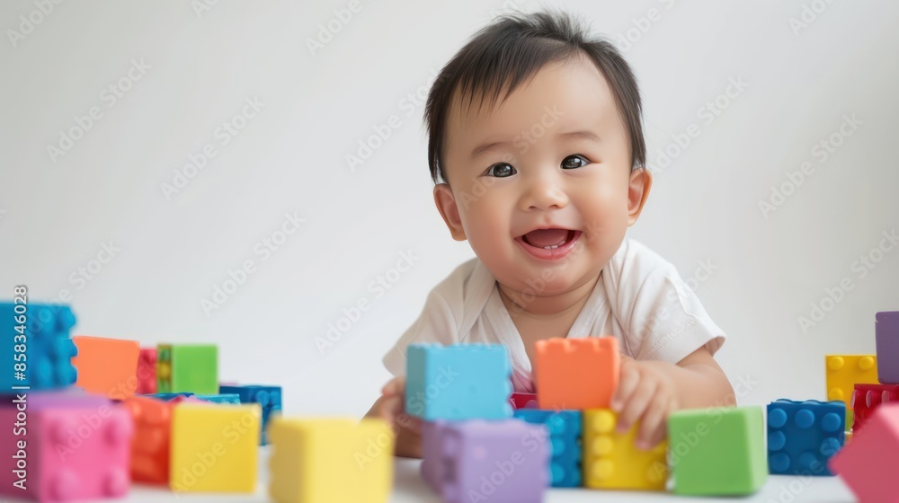 Asian baby playing with colorful blocks on a plain white background with ample copy space Asian baby playing with colorful blocks on a plain white background with ample copy space