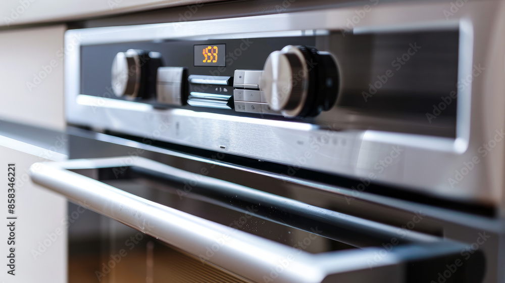 Modern oven with microwave built in. The metal handle and display panel are in focus, showing the cooking or baking time. Modern oven with microwave built in. The metal handle and display panel are in focus, showing the cooking or baking time.