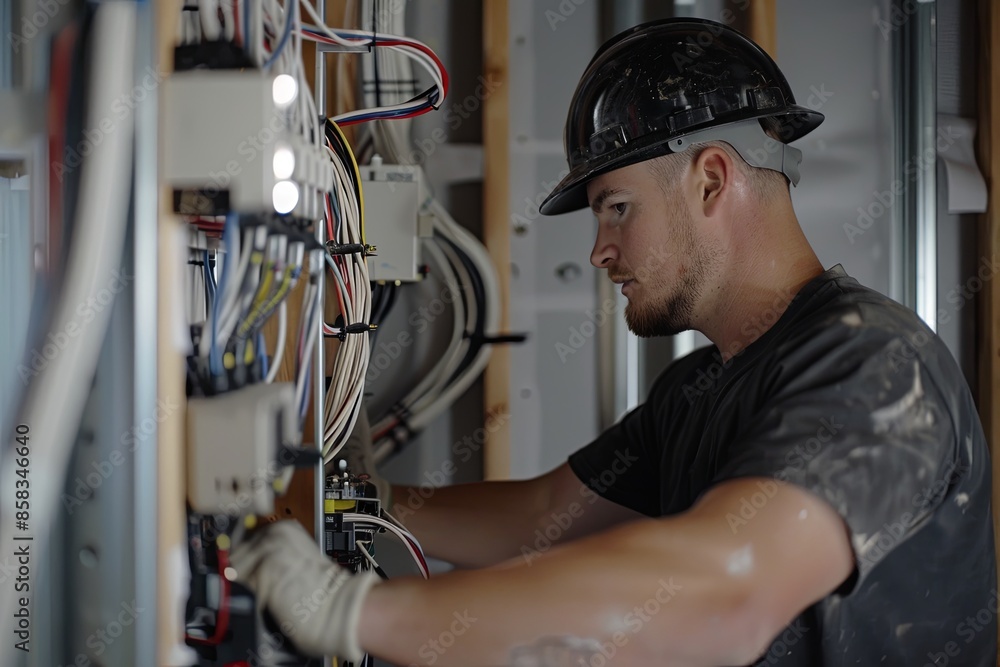 A close-up shot of an electrician working on wiring within an open wall. Generative AI A close-up shot of an electrician working on wiring within an open wall. Generative AI
