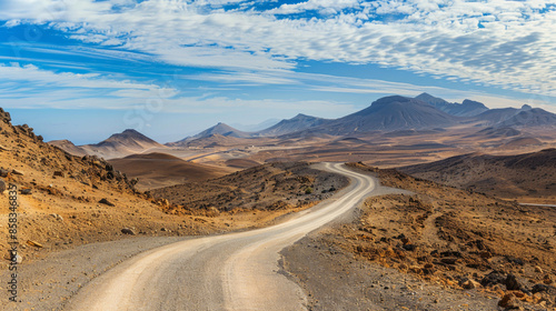 Panoramic view of the desert mountain road leading to the Sicasumbre astronomical observatory on Fuerteventura, Canary Islands, Spain.