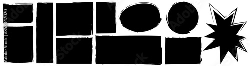 Set of grunge jagged rectangles of black brush-painted paper sheet for sticker, collage, banner. Vector illustration isolated on white background.