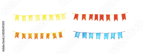 Holiday garland with flags isolated on white background. Hand drawn watercolor illustration of cute baby garland of flags in cartoon style.