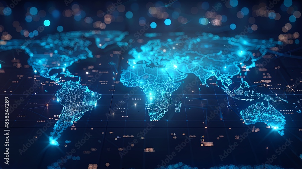 An illuminated global map depicting interconnected digital lines and glowing dots, emphasizing technological networks and connectivity on a dark background.