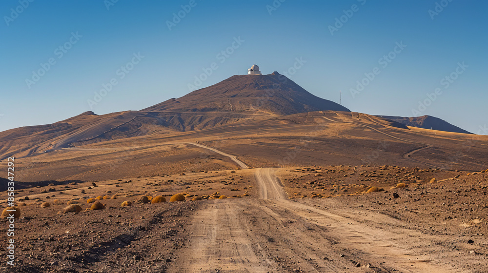 Naklejka premium Panoramic view of the desert mountain road leading to the Sicasumbre astronomical observatory on Fuerteventura, Canary Islands, Spain.