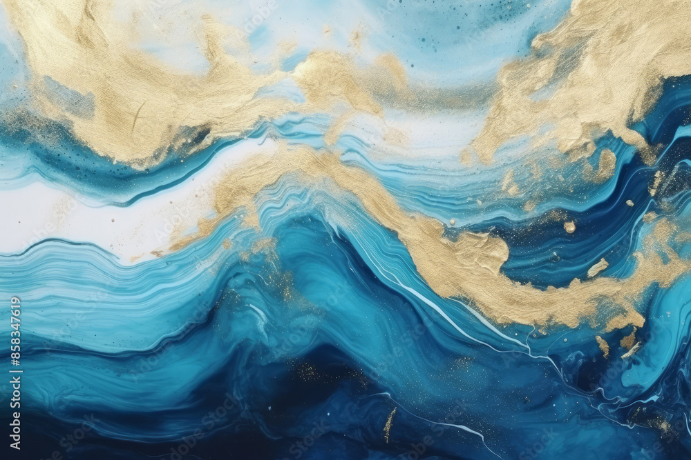 Processed collage of luxurious ocean blue and gold ink marble texture. Background for banner Processed collage of luxurious ocean blue and gold ink marble texture. Background for banner