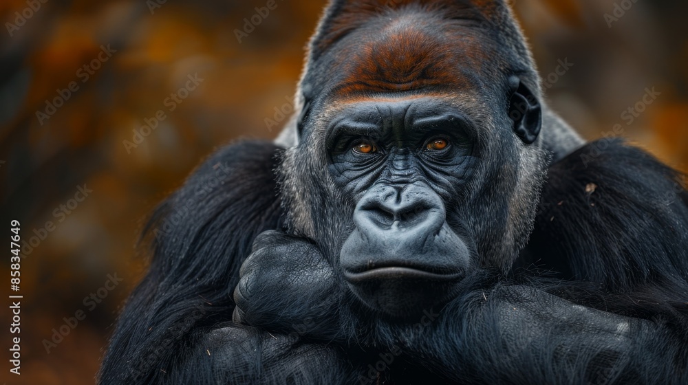 Fototapeta premium male adult gorilla is in the forest against the background of trees and looks with a stern gaze at the camera