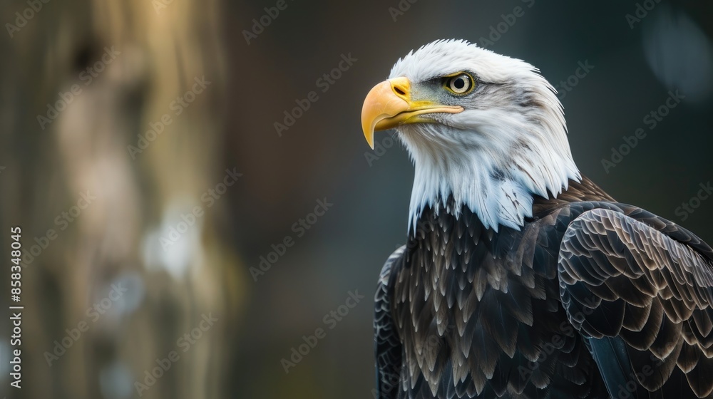 Obraz premium Close up image of a bald eagle perched in a falcrony with space for text
