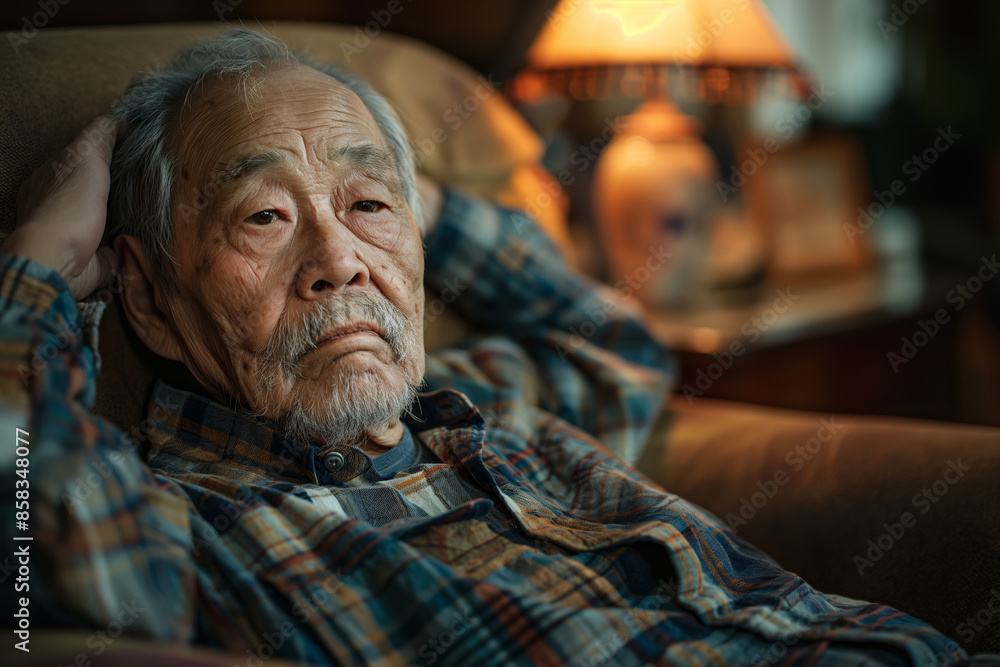 Pensive elderly man in plaid shirt. A reflective elderly individual sitting by a lamp, conveying themes of contemplation, aging, and life experience. Suitable for editorial and emotional storytelling. Pensive elderly man in plaid shirt. A reflective elderly individual sitting by a lamp, conveying themes of contemplation, aging, and life experience. Suitable for editorial and emotional storytelling.