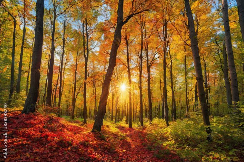 Obraz premium Autumn forest landscape, orange golden foliage, fall wallpaper