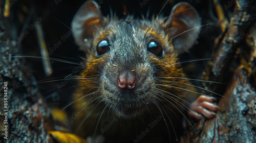 a large black rat looks at the camera in the dark, close-up of the rat's muzzle a large black rat looks at the camera in the dark, close-up of the rat's muzzle