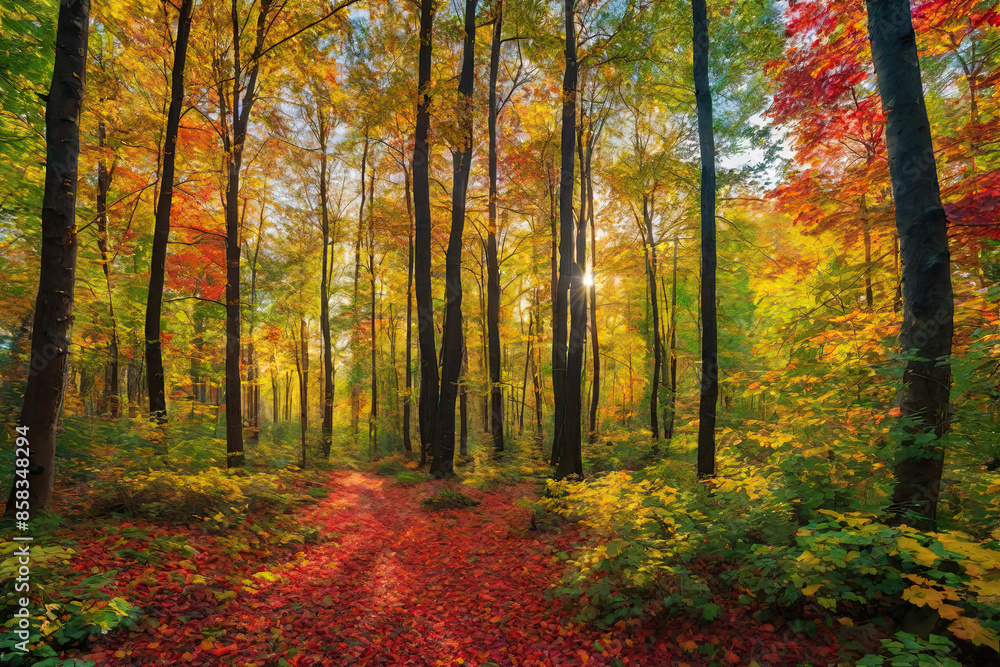 Fototapeta premium Autumn forest landscape, orange golden foliage, fall wallpaper