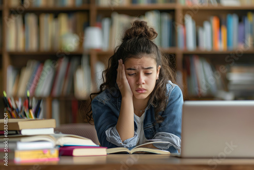 Frustrated student in a library. Exhausted young woman in casual attire struggling with studies, conveying academic stress. Ideal for educational materials, stress management, and student life.